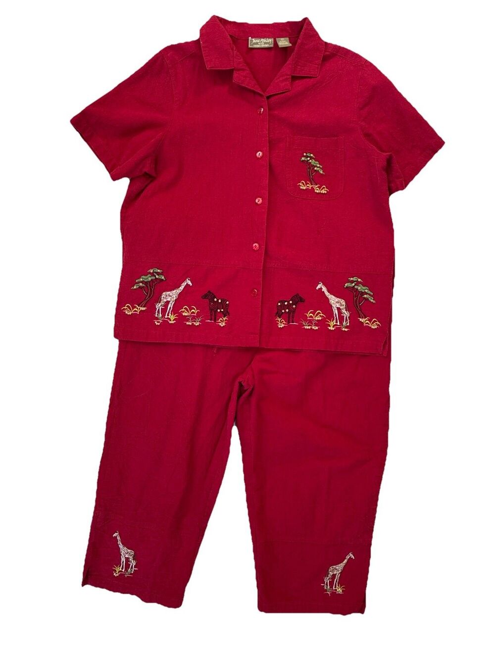 VTG 2 pc Set Red Safari Beaded Embroidered Cotton Pants-XLP Top-LP Giraffe 90s